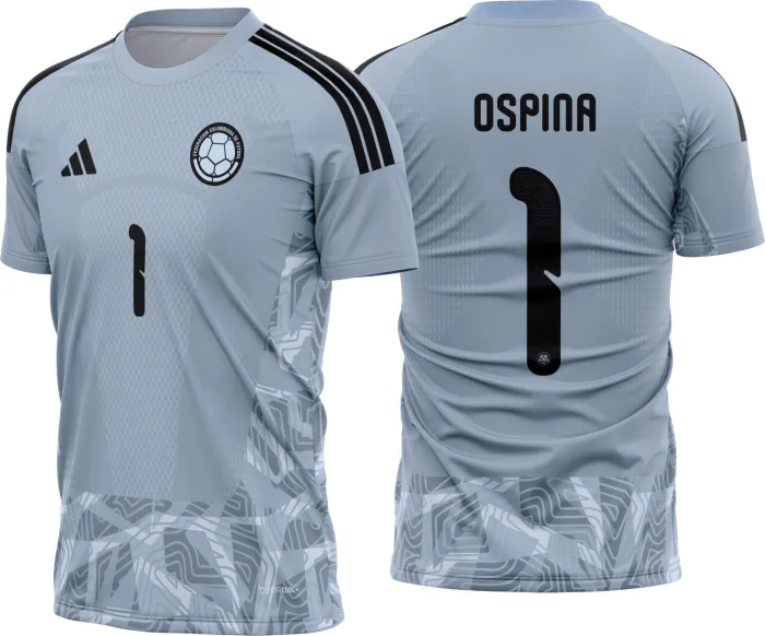 Camiseta unissex preta com logo no peito e estampa grande nas costas inspirada na camisa de goleiro da Colombia 2026 a 2028, ideal para torcedores e colecionadores.