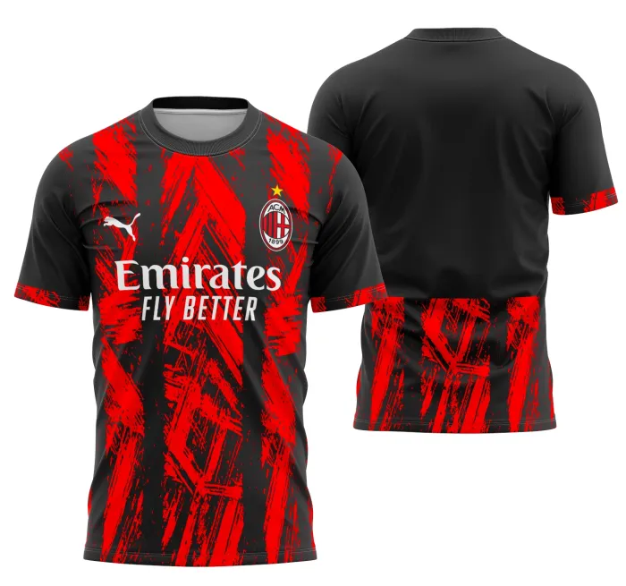 Camiseta unissex preta com logo no peito e estampa grande nas costas inspirada no conceito AC Milan, perfeita para fãs e uso casual.