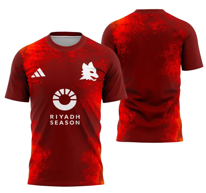 Camiseta unissex preta com logo no peito e estampa grande nas costas baseada no conceito do AS Roma, ideal para torcedores que buscam estilo e paixão pelo time.