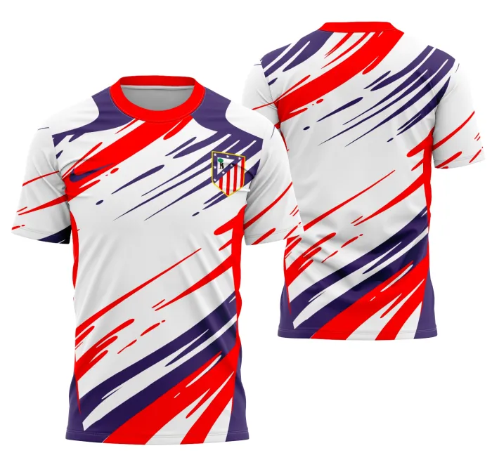 Camiseta unissex preta com logo no peito e estampa grande nas costas, apresentando conceito do Atlético de Madrid em design moderno e vibrante.