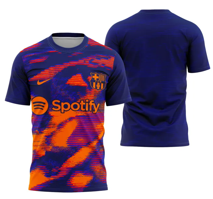 Camiseta unissex preta com logo no peito e estampa grande nas costas com conceito inspirado em Barcelona, destacando cores vibrantes e design moderno.