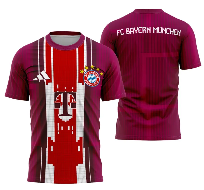 Camiseta unissex preta com logo no peito e estampa grande nas costas do conceito Bayern Munchen, destacando estilo moderno e esportivo para fãs do clube.