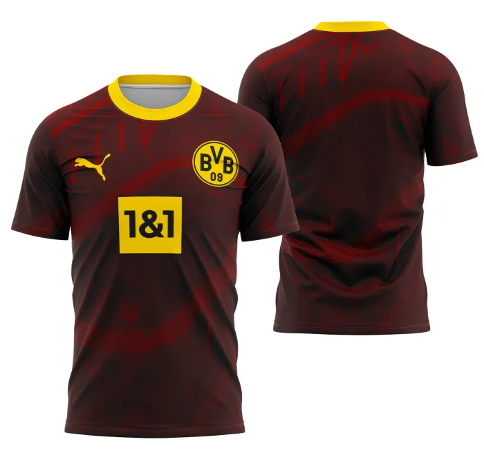 Camiseta unissex preta com logo no peito e estampa grande nas costas baseada no conceito do Borussia Dortmund e estádio Rote Erde, design moderno e vibrante para fãs do time.