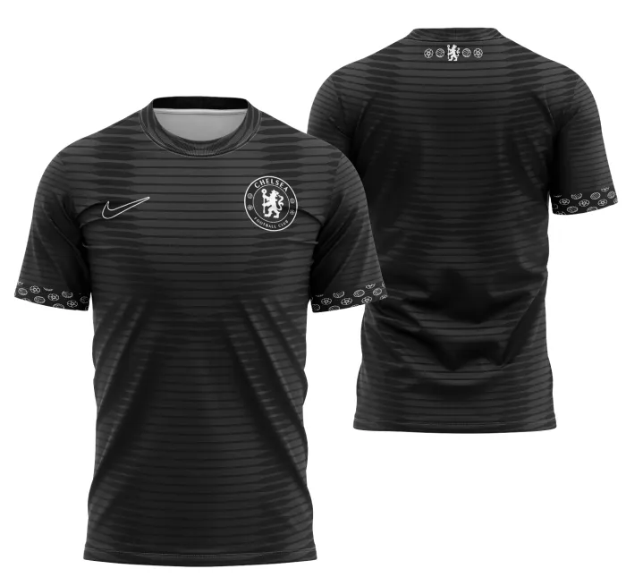 Camiseta unissex preta com logo no peito e estampa grande nas costas inspirada no Conceito Chelsea 2023.
