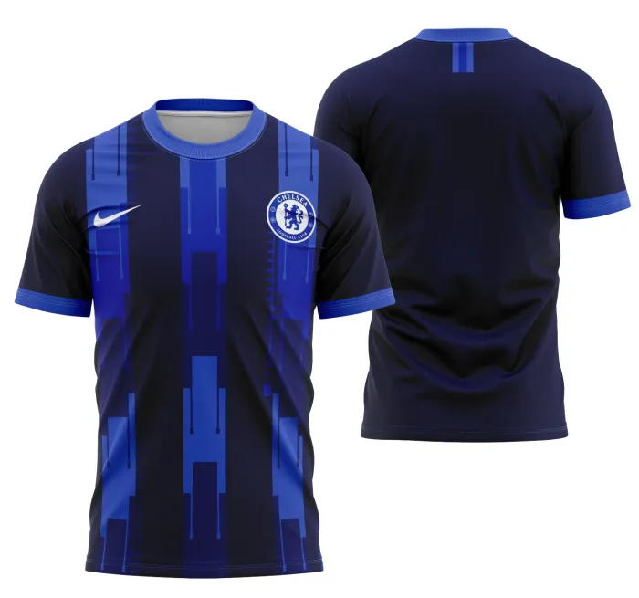 Camiseta unissex preta com logo no peito e estampa grande nas costas do Chelsea 2023, modelo 1, perfeita para fãs e estilo urbano