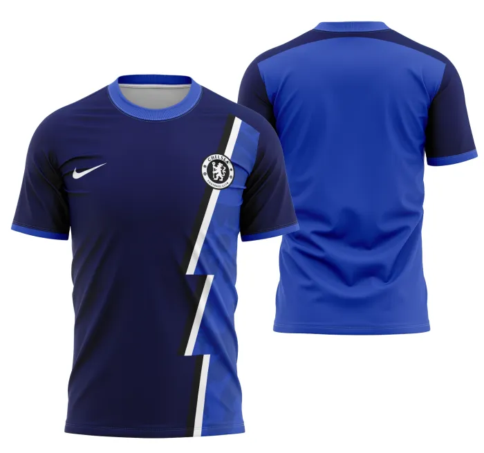 Camiseta unissex preta com logo no peito e estampa grande nas costas destacando o conceito Chelsea 2023, ideal para torcedores que valorizam estilo e autenticidade.