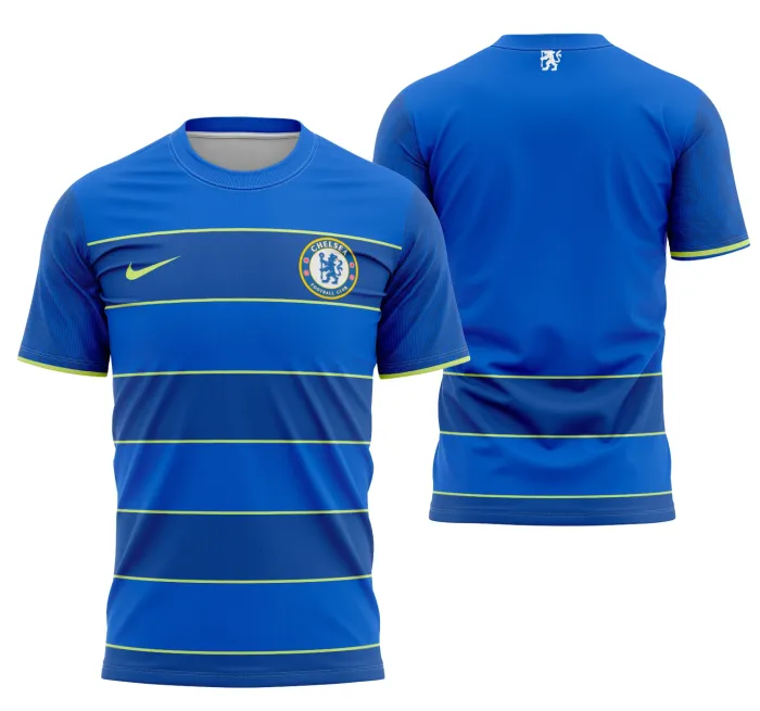 Camiseta unissex preta com logo no peito e estampa grande nas costas, inspirada no Conceito Chelsea 2024 Modelo 3, ideal para fãs do estilo moderno e esportivo.