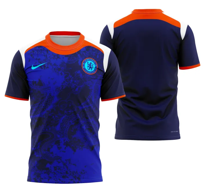 Camiseta unissex preta com logo no peito e estampa grande nas costas inspirada no Conceito Chelsea 2025, moderna e estilosa para fãs do clube.