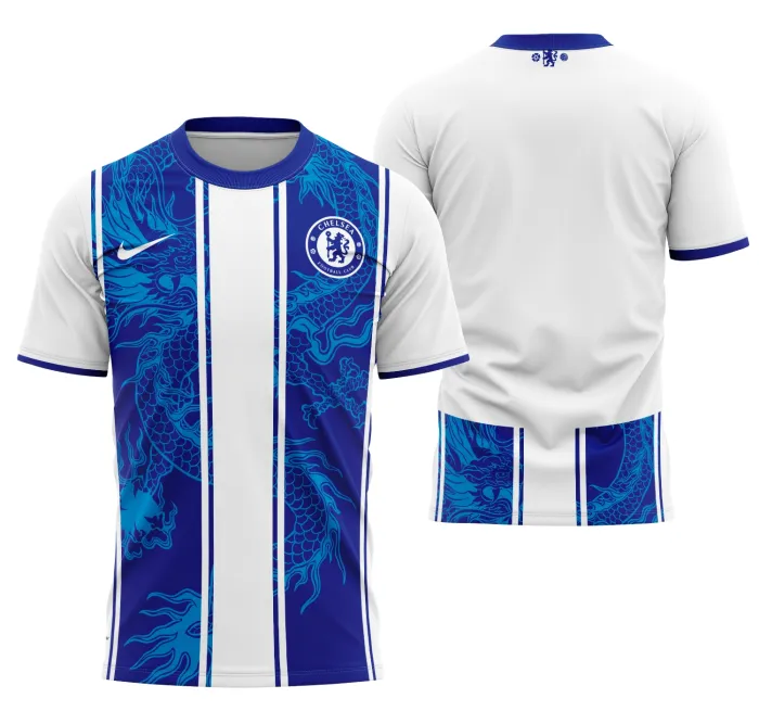 Camiseta unissex preta com logo no peito e estampa grande nas costas, inspirada no Conceito Chelsea 2026, ideal para fãs do clube e estilo moderno.