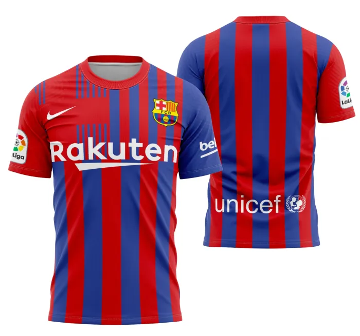 Camiseta unissex preta com logo no peito e estampa grande nas costas do conceito de Barcelona 2021-2022, design moderno e estiloso, ideal para fãs do futebol e da cidade.