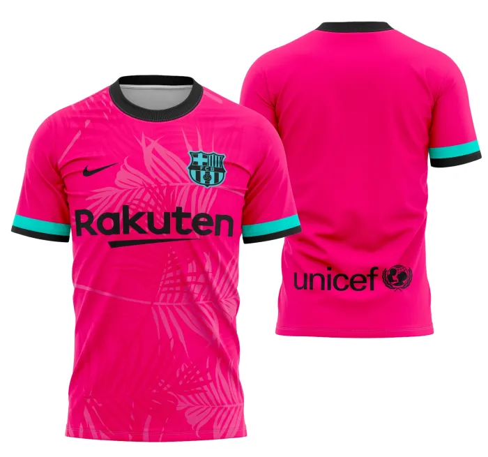Camiseta unissex preta com logo no peito e estampa grande nas costas, mostrando o conceito de Barcelona 2021, estilo moderno e esportivo para fãs da cidade e do futebol.
