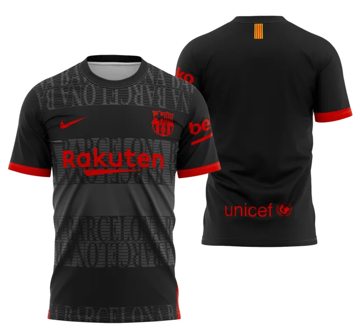Camiseta unissex preta com logo no peito e estampa grande nas costas do conceito de Barcelona 2021, design moderno e estiloso perfeito para fãs do futebol.