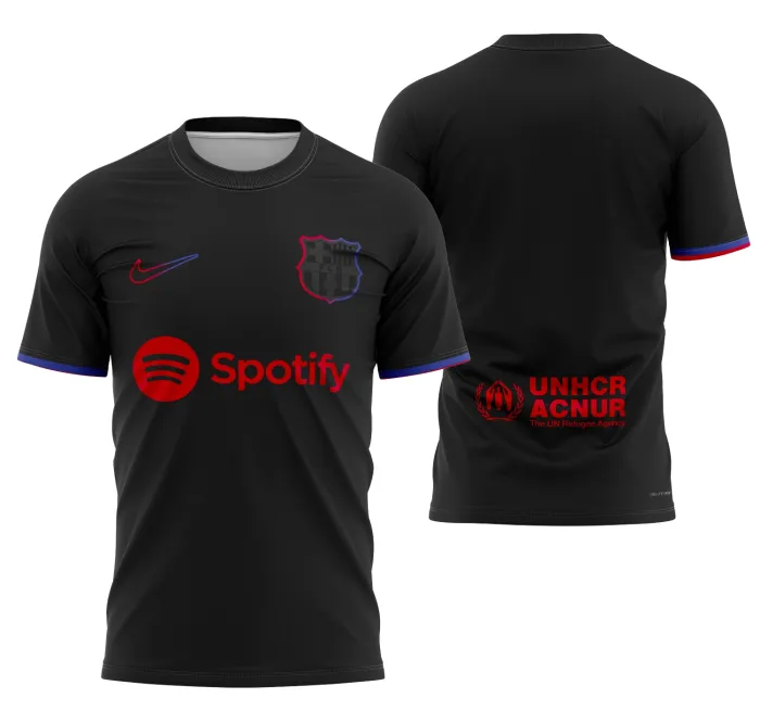 Camiseta unissex preta com logo no peito e estampa grande nas costas com tema Conceito de Barcelona 2024, ideal para quem busca estilo urbano e moderno.
