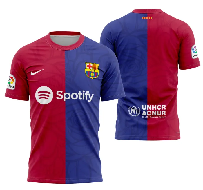 Camiseta unissex preta com logo no peito e estampa grande nas costas inspirada no conceito de Barcelona 2024, perfeita para quem gosta de estilo urbano e moderno.