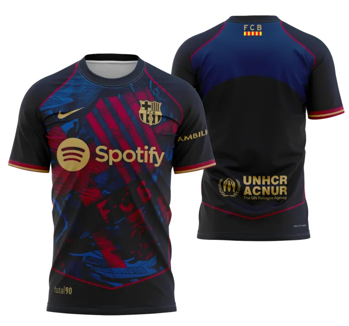 Camiseta unissex preta com logo no peito e estampa grande nas costas mostrando o conceito de Barcelona 2025, perfeita para quem busca estilo e modernidade.