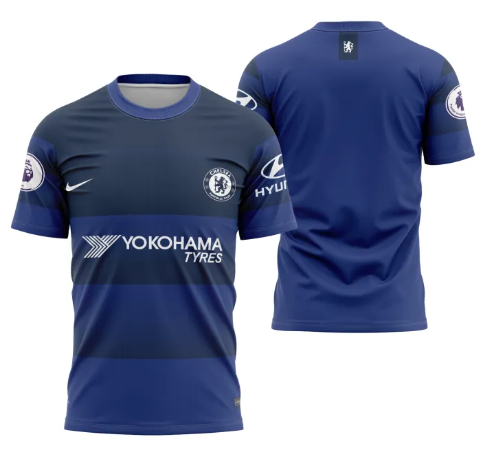 Camiseta unissex preta com logo no peito e estampa grande nas costas, inspirada no conceito de Chelsea, perfeita para fãs e estilo urbano.