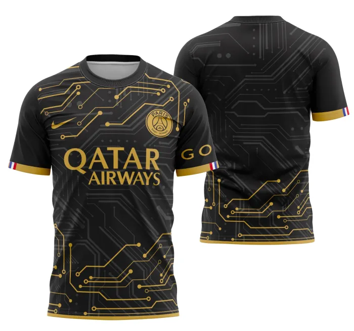 Camiseta unissex preta com logo no peito e estampa grande nas costas mostrando conceito de circuito PSG 2022, perfeita para fãs que buscam estilo moderno e tecnológico.