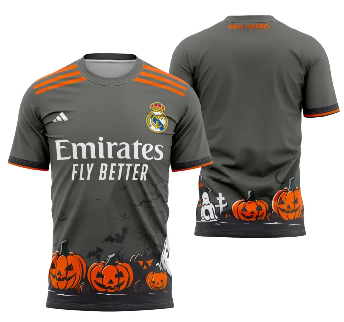 Camisa unissex preta com logo no peito e estampa grande nas costas no tema Conceito de Halloween do Real Madrid 2025, ideal para quem busca estilo e originalidade em camiseta moderna.