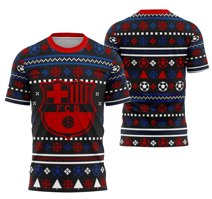 Camiseta unissex preta com logo no peito e estampa grande nas costas do Conceito De Natal Barcelona 2025, perfeita para celebrar o tema natalino com estilo urbano e moderno.