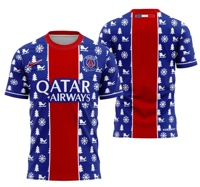 Camiseta unissex preta com logo no peito e estampa grande nas costas do conceito de Natal do PSG 2024, ideal para celebrar o espírito natalino com estilo e futebol.