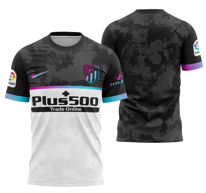 Camiseta unissex preta com logo no peito e estampa grande nas costas, tema do Atlético de Madrid 2022, modelo conceito estilo moderno e esportivo.
