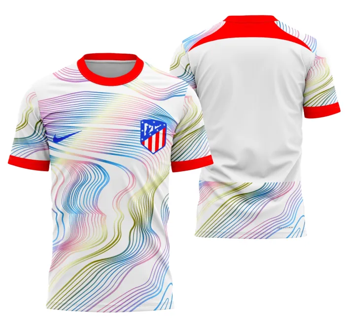 Camiseta unissex preta com logo no peito e estampa grande nas costas com tema conceitual do Atlético de Madrid 2024, estilo moderno e arrojado para apaixonados pelo clube.