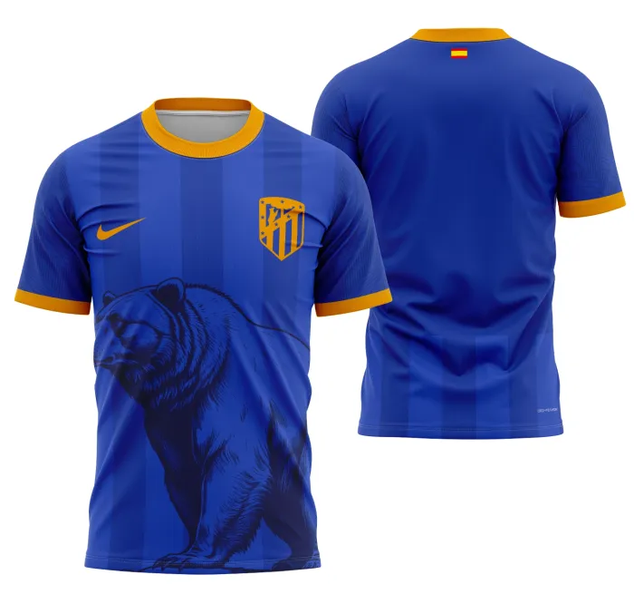 Camiseta unissex preta com logo no peito e estampa grande nas costas do conceito do Atlético de Madrid 2024, destacando design moderno e vibrante para torcedores.