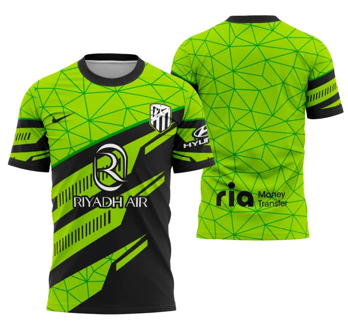 Camiseta unissex preta com logo no peito e estampa grande nas costas do conceito do Atlético De Madrid 2024, modelo 2, destacando estilo moderno e esportivo.