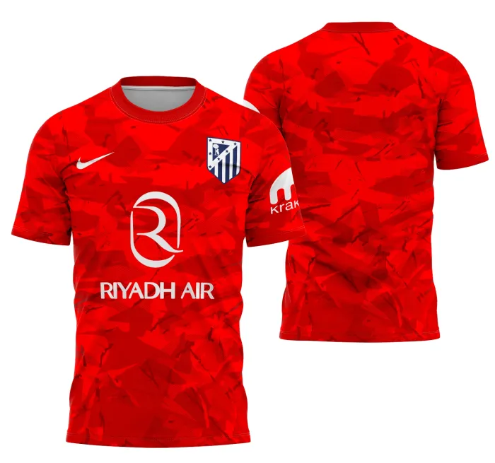 Camiseta unissex preta com logo no peito e estampa grande nas costas do conceito Atlético de Madrid 2025, design moderno e vibrante para fãs do time.