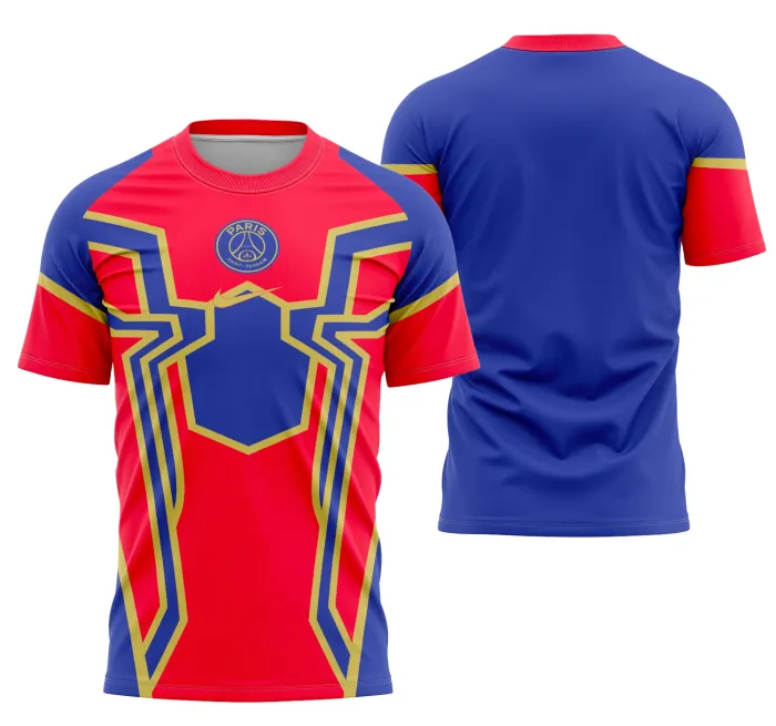 Camiseta unissex preta com logo no peito e estampa grande nas costas que destaca o conceito do Homem-Aranha PSG 2023, ideal para fãs e colecionadores que buscam estilo e autenticidade.