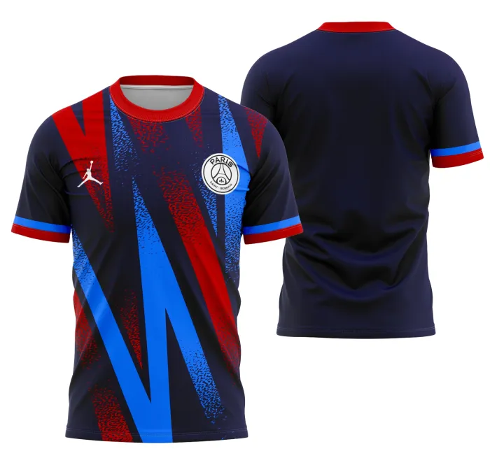 Camiseta unissex preta com logo no peito e estampa grande nas costas com tema Conceito Do PSG Jordânia, ideal para looks urbanos e estilosos.