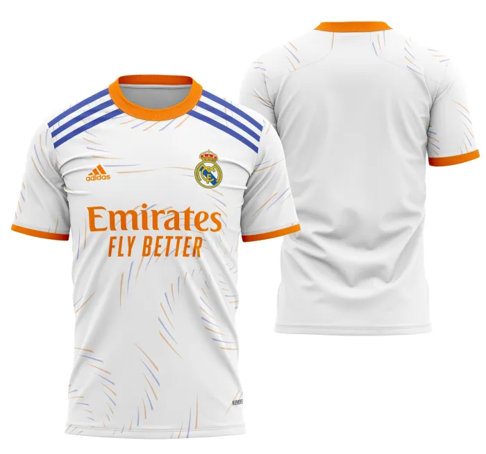 Foto de camiseta unissex branca com logo no peito e estampa grande nas costas em tema Conceito do Real Madrid 2021-2022, design moderno e elegante.