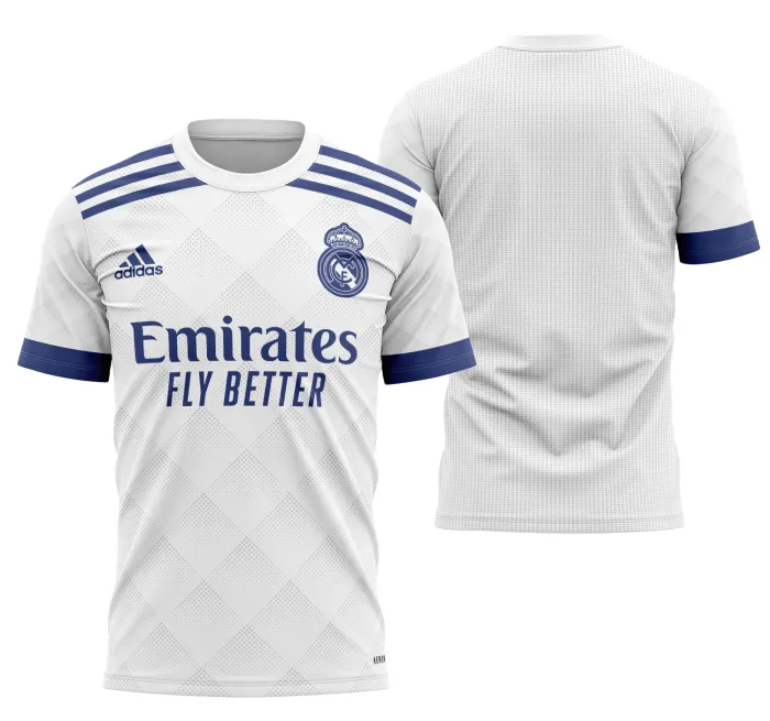 Camiseta unissex com cor base preta, logo no peito e estampa grande nas costas com design inspirado na camisa conceito Real Madrid 2021 modelo 2, estilo moderno e esportivo.