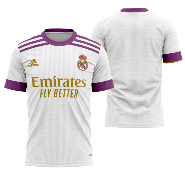 Camiseta unissex preta com logo no peito e estampa grande nas costas inspirada no conceito do Real Madrid 2022, destacando detalhes modernos e design marcante para fãs do time.