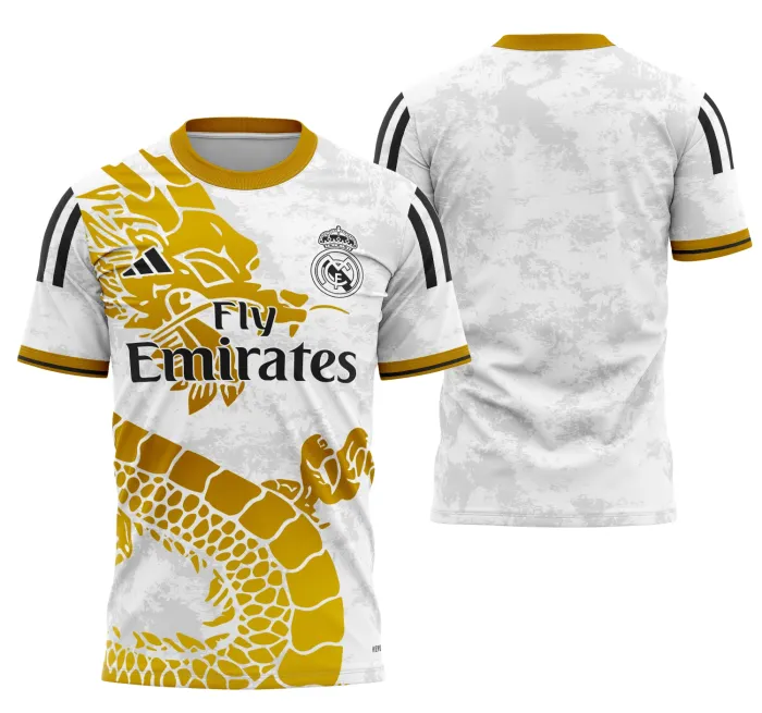 Camiseta unissex branca com logo no peito e estampa grande nas costas, tema Conceito do Real Madrid 2023, excelente para torcedores que querem estilo e conforto