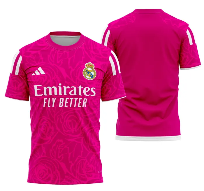 Camiseta unissex branca com logo no peito e estampa grande nas costas do conceito Real Madrid 2023 Modelo 3, ideal para torcedores que buscam estilo moderno e autenticidade.