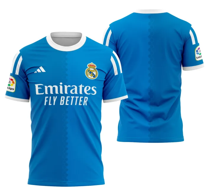 Camiseta unissex com base preta, logo no peito e estampa grande nas costas do conceito Real Madrid 2023 Modelo 4, estilo moderno e esportivo