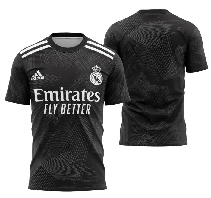 Camiseta unissex na cor branca, com logo no peito e estampa grande nas costas inspirada no conceito do Real Madrid 2023, modelo 9, ideal para fãs do time.