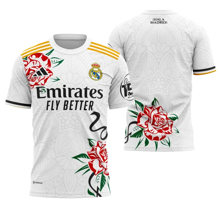 Camiseta unissex preta com logo no peito e estampa grande nas costas do conceito Real Madrid 2024 modelo 4, trazendo design moderno e vibrante para fãs do clube