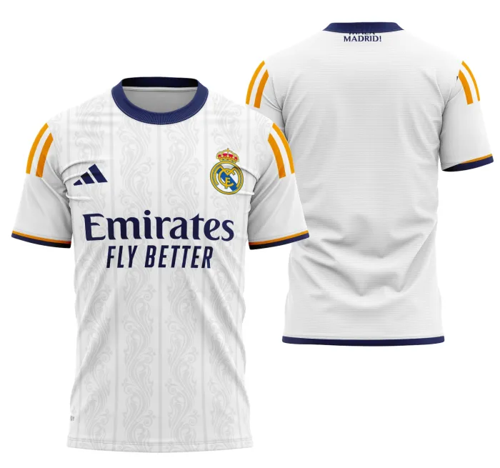 Camiseta unissex preta com logo no peito e estampa grande nas costas, tema Conceito do Real Madrid 2024 Modelo 8, ideal para fãs do time com design moderno e elegante.