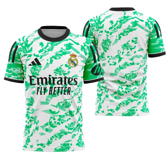 Camiseta unissex preta com logo no peito e estampa grande nas costas, inspirada no conceito do Real Madrid 2025, ideal para fãs e colecionadores.