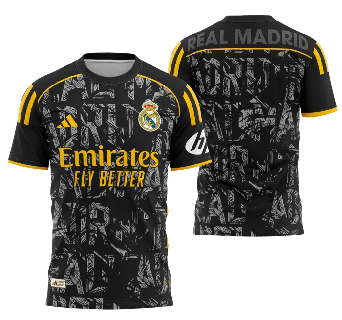 Camiseta unissex branca com logo no peito e estampa grande nas costas com tema Conceito do Real Madrid 2025 Modelo 5, estilo moderno e esportivo, perfeita para torcedores e amantes do futebol.