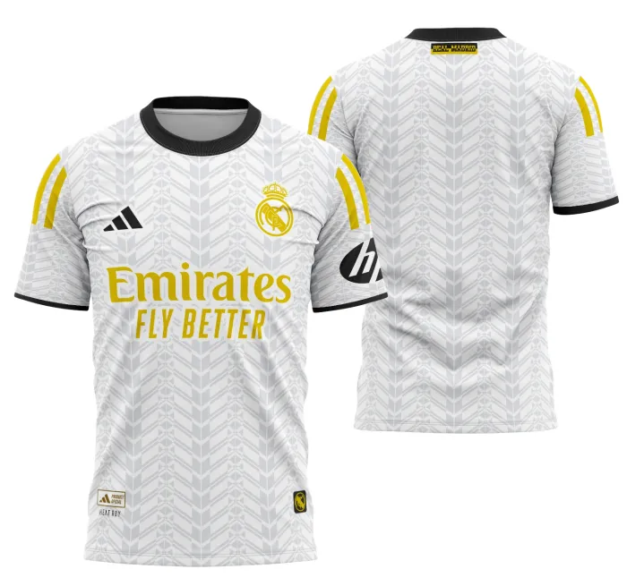 Camiseta unissex branca com logo no peito e estampa grande nas costas, inspirada no conceito do Real Madrid 2026, ideal para fãs do clube, com design moderno e elegante.