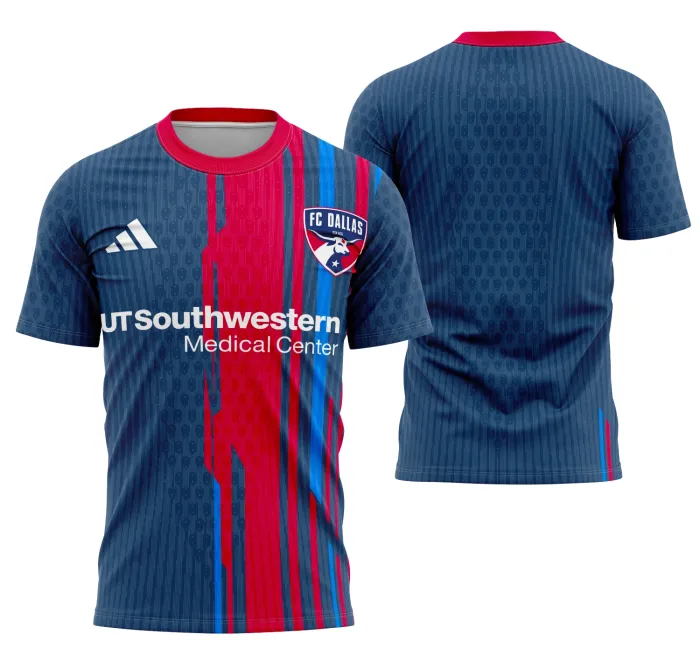 Camiseta unissex preta com logo no peito e estampa grande nas costas com tema Conceito FC Dallas, ideal para fãs do time.