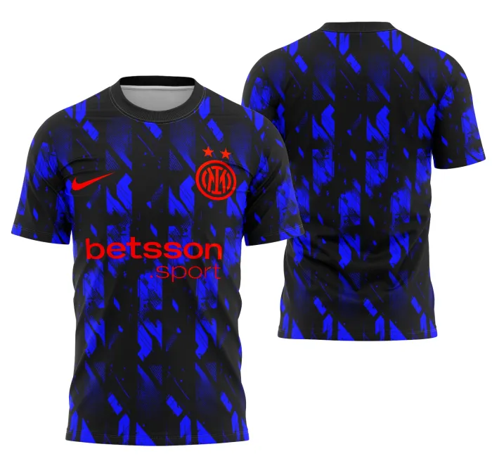 Camiseta unissex preta com logo no peito e estampa grande nas costas do conceito Inter Milan 2025, ideal para fãs e colecionadores do time.