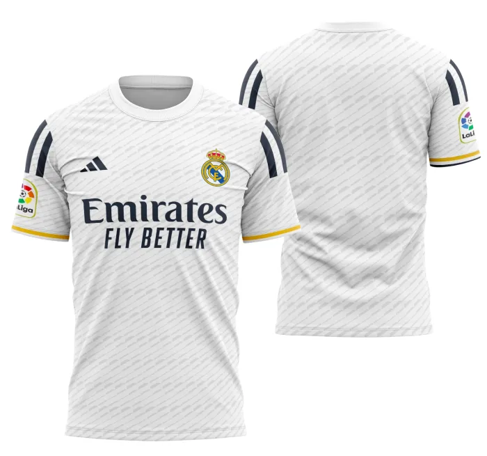 Camiseta unissex branca com logo do Real Madrid no peito na frente e estampa grande nas costas do Conceito Local 23-24, mostrando design moderno e marcante para fãs do time.