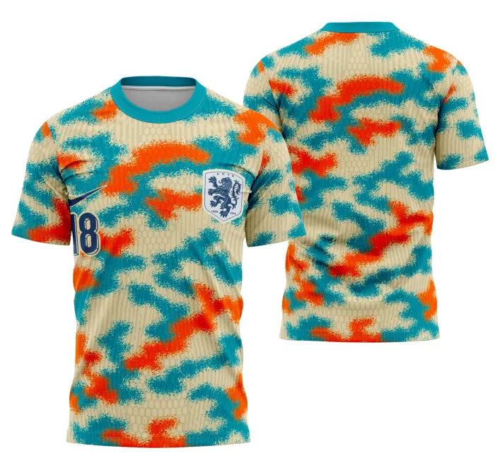 Camiseta unissex branca com logo no peito e estampa grande nas costas representando o conceito dos Países Baixos, visual moderno e casual para o dia a dia.