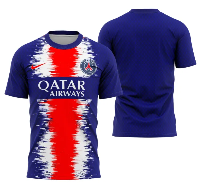 Camiseta unissex preta com logo no peito e estampa grande nas costas inspirada no conceito Paris Saint Germain, ideal para quem ama futebol e estilo urbano.