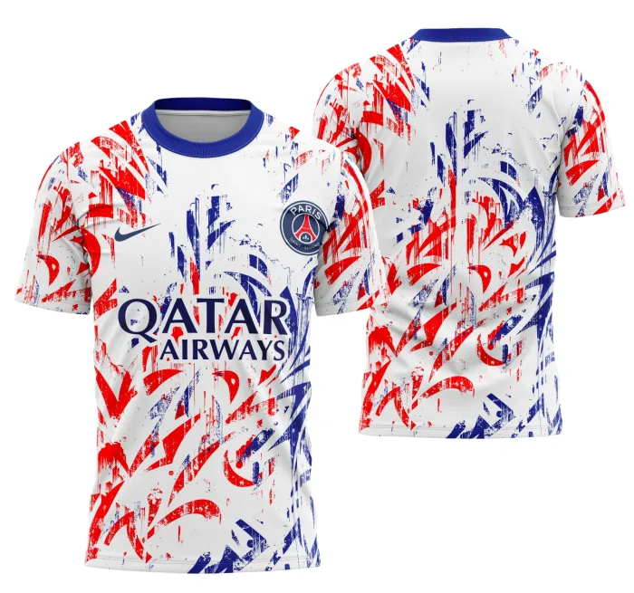 Foto de camiseta unissex preta com logo no peito e estampa grande nas costas com conceito do Paris Saint-germain, ideal para fãs e colecionadores apaixonados pelo time.