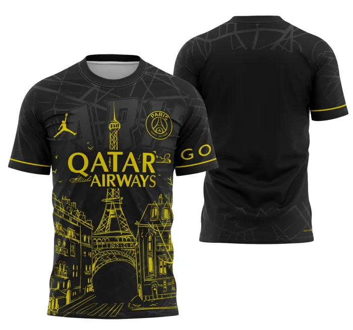 Camiseta unissex preta com logo no peito e estampa grande nas costas mostrando o conceito Paris St, estilo urbano e contemporâneo, perfeita para quem ama moda com atitude.
